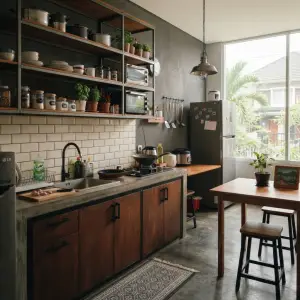 Kitchen Set Industrial Kayu Besi dengan Open Shelf dan Top Beton [4]