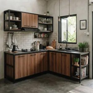 Kitchen Set Industrial L-Shape Rangka Besi Panel Kayu