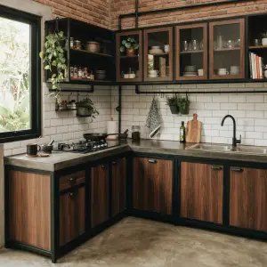 Kitchen Set Industrial L-Shape Rangka Besi Panel Kayu