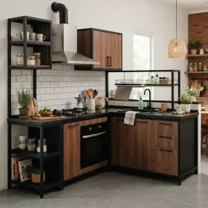 Kitchen Set Industrial L-Shape Top Granit Hitam