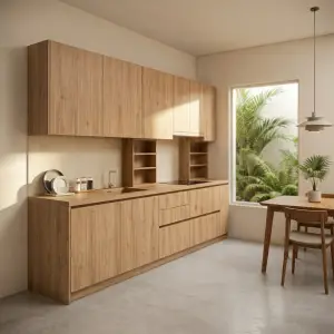 Kitchen Set Kayu Oak Minimalis dengan Upper Cabinet dan Rak Terbuka