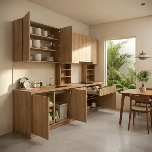Kitchen Set Kayu Oak Minimalis dengan Upper Cabinet dan Rak Terbuka [3]