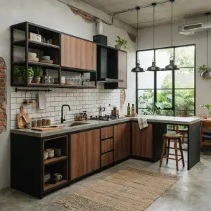 Kitchen Set L-Shape Industrial Rangka Besi Finishing HPL