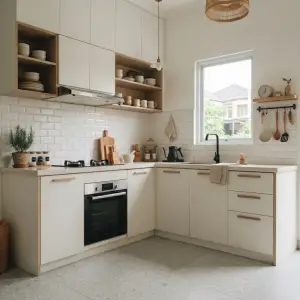 Kitchen Set L-Shape Scandinavian Cream Wood Accent
