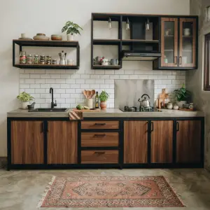 Kitchen Set Rangka Besi Finishing Walnut dengan Top Table Beton