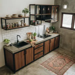 Kitchen Set Rangka Besi Finishing Walnut dengan Top Table Beton [4]