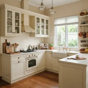 Kitchen Set Shaker Style Finishing Doff Ivory dengan Top Table Marmer