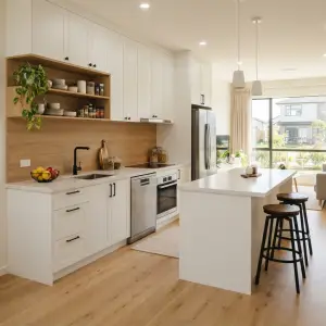 Kitchen Set Shaker Style Putih dengan Kitchen Island dan Open Shelf