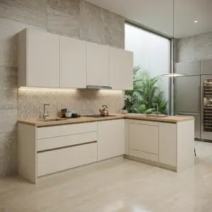 Kitchen Set Sudut Minimalis Finishing Doff Kombinasi Kayu