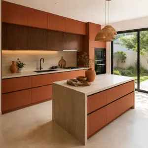 Kitchen Set Terracotta dengan Island dan Top Travertine
