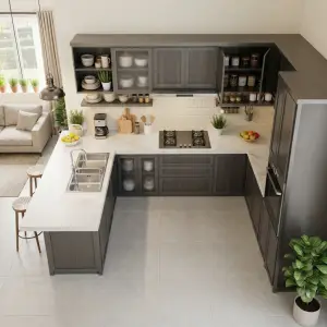 Kitchen Set U-Shape Dark Grey dengan Marble Countertop dan Glass Cabinet