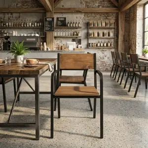 Kursi Cafe Industrial Rangka Besi Sandaran Kayu dengan Armrest