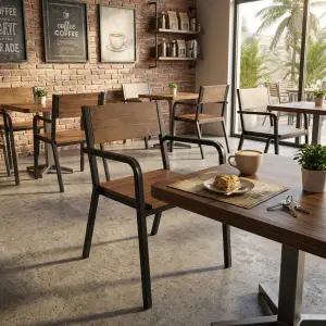 Kursi Cafe Industrial Rangka Besi Sandaran Kayu dengan Armrest [2]