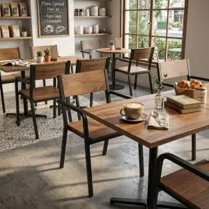 Kursi Cafe Industrial Rangka Besi Sandaran Kayu dengan Armrest [4]