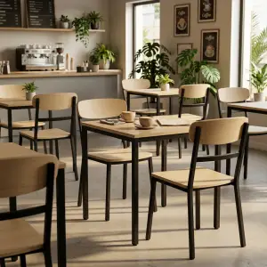 Kursi Cafe Rangka Besi Finishing Powder Coat Dudukan Kayu Natural