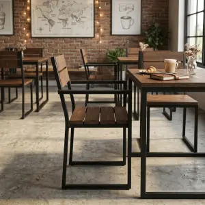 Kursi Cafe Rangka Besi Kayu Industrial Armrest [2]