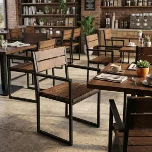 Kursi Cafe Rangka Besi Kayu Industrial Armrest [3]