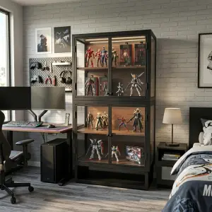 Lemari Display Kaca Dua Susun dengan Rak Kayu dan LED [5]