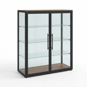 Lemari Display Kaca Rangka Besi Hitam Top Kayu