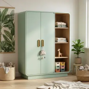 Lemari Pakaian Anak Dua Pintu dengan Rak Terbuka Sage Green