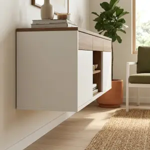 Lemari TV Floating Kayu Walnut Kombinasi Duco Putih