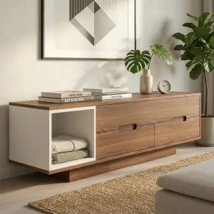 Lemari TV Kayu Minimalis Dua Laci dengan Open Shelf