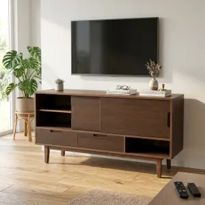 Lemari TV Kayu Pintu Geser Gaya Mid-Century Modern