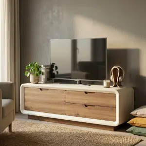 Lemari TV Laci Kombinasi Kayu Walnut dan Panel Putih [2]
