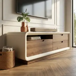 Lemari TV Laci Kombinasi Kayu Walnut dan Panel Putih [4]
