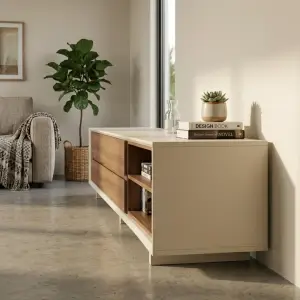 Lemari TV Minimalis Dua Zona Kayu Walnut dan Rangka Putih [5]