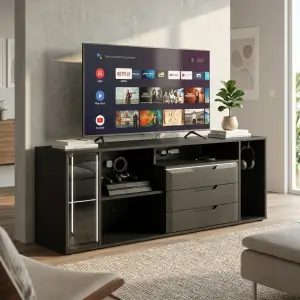 Lemari TV Minimalis Hitam dengan Laci dan Rak Terbuka [4]