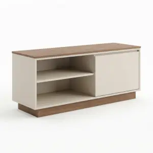 Lemari TV Minimalis Kombinasi Kayu Walnut dan Panel Doff