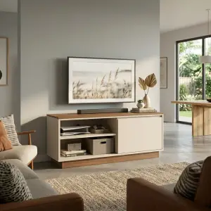 Lemari TV Minimalis Kombinasi Kayu Walnut dan Panel Doff [2]
