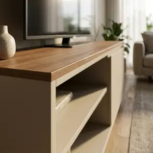 Lemari TV Minimalis Kombinasi Kayu Walnut dan Panel Doff [3]