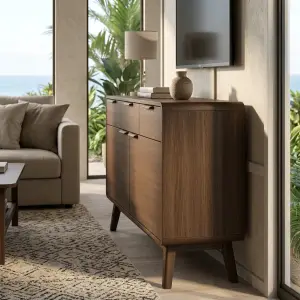 Lemari TV Sideboard Kayu Mid-Century Modern dengan Laci dan Pintu