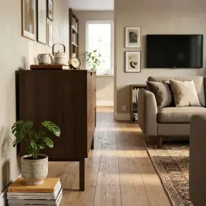 Lemari TV Sideboard Kayu Mid-Century Modern dengan Laci dan Pintu