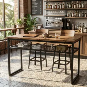 Meja Bar Industrial Kayu Solid Rangka Besi dengan Rak Mesh