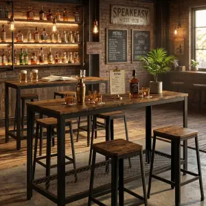 Meja Bar Industrial Kayu Solid Rangka Besi dengan Rak Mesh Bawah [2]