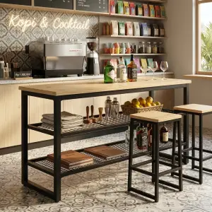 Meja Bar Industrial Rangka Besi Rak Mesh Kayu