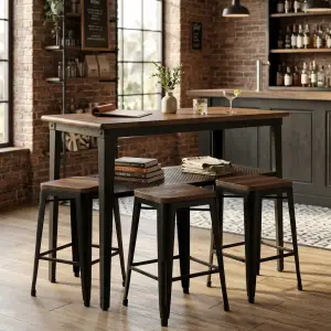 Meja Bar Industrial Rangka Besi Rak Perforated Top Kayu
