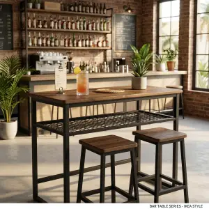 Meja Bar Industrial Rangka Besi Top Kayu dengan Rak Mesh
