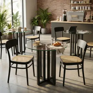 Meja Cafe Bulat Top Kaca Kaki Cluster Besi [3]