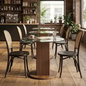 Meja Cafe Bulat Top Kaca Kaki Fluted Kayu Walnut