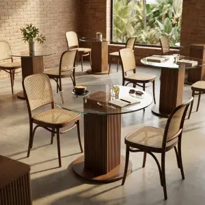 Meja Cafe Bulat Top Kaca Kaki Fluted Kayu Walnut [4]