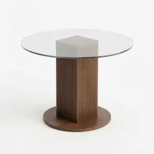 Meja Cafe Bulat Top Kaca Kaki Fluted Kayu Walnut [5]
