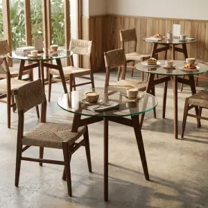 Meja Cafe Bulat Top Kaca Kaki Fluted Kayu Walnut
