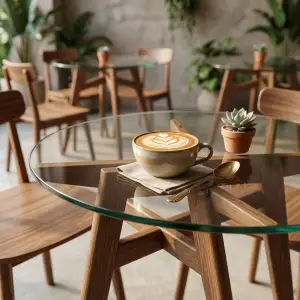 Meja Cafe Bulat Top Kaca Kaki Fluted Kayu Walnut [2]