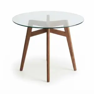 Meja Cafe Bulat Top Kaca Kaki Fluted Kayu Walnut [5]