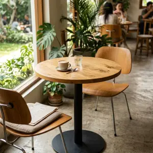 Meja Cafe Bulat Top Kayu Solid Kaki Besi
