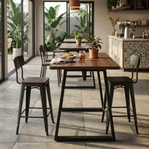 Meja Cafe Industrial Top Kayu Kaki Besi Trapesium